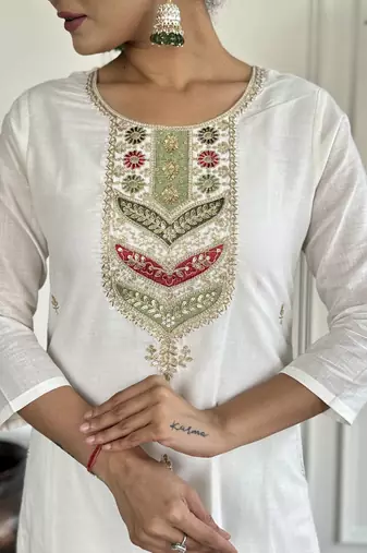 viscose blend embroidered straight kurta set with pant & jacquard silk dupatta