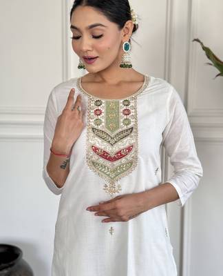 viscose blend embroidered straight kurta set with pant & jacquard silk blend dupatta 5