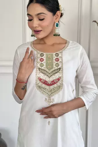 viscose blend embroidered straight kurta set with pant & jacquard silk dupatta