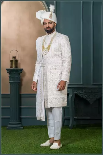 Off white silk embroidered sherwani for mens