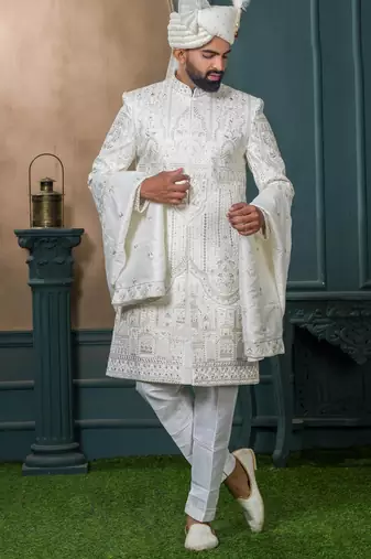 Off white silk embroidered sherwani for mens