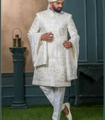 Off white silk embroidered sherwani for mens