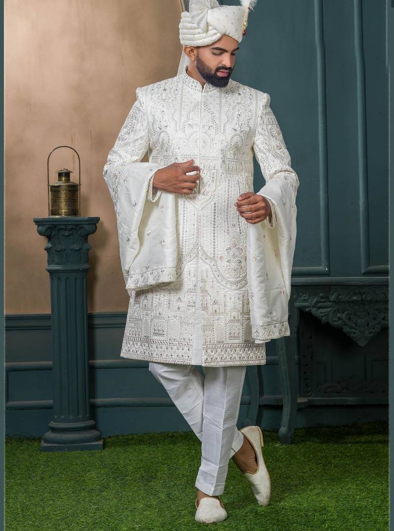 Off white silk embroidered sherwani for mens