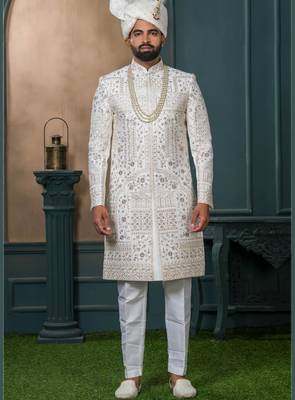 Off white silk embroidered sherwani for mens 1