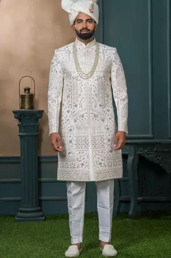 Off white silk embroidered sherwani for mens