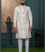 Off white silk embroidered sherwani for mens