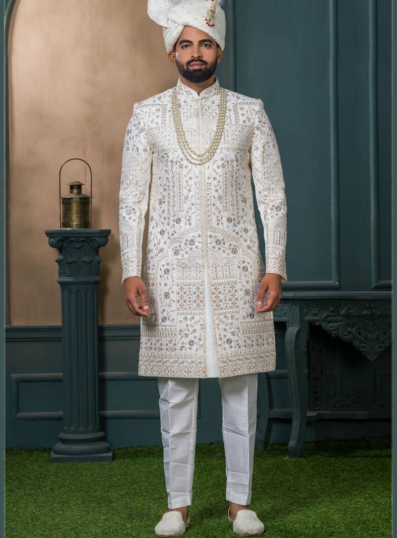 Off white silk embroidered sherwani for mens