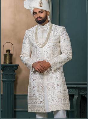 Off white silk embroidered sherwani for mens 2