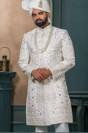 Off white silk embroidered sherwani for mens