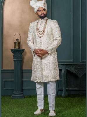 Cream silk embroidered sherwani for mens 1