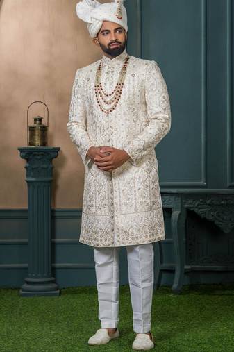Cream silk embroidered sherwani for mens