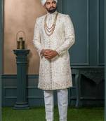 Cream silk embroidered sherwani for mens