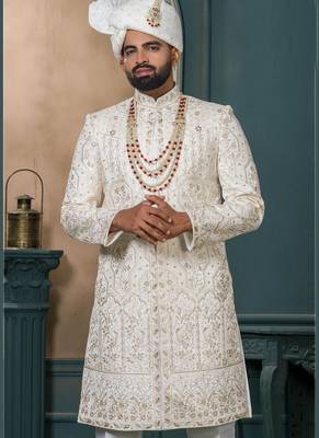 Cream silk embroidered sherwani for mens 2