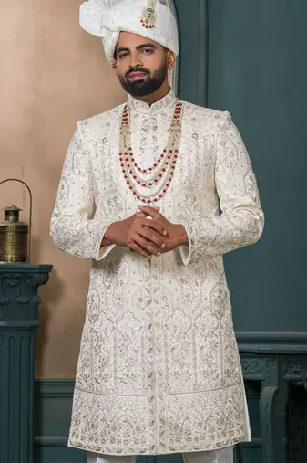 Cream silk embroidered sherwani for mens