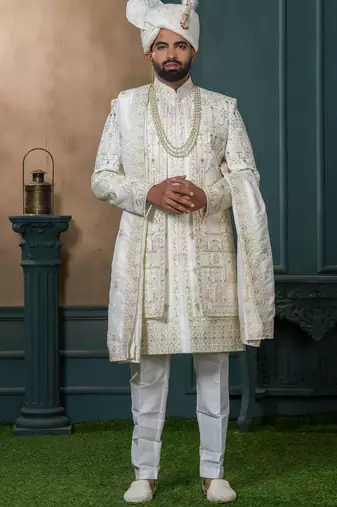 Off white silk embroidered sherwani for mens