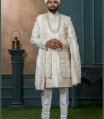 Off white silk embroidered sherwani for mens