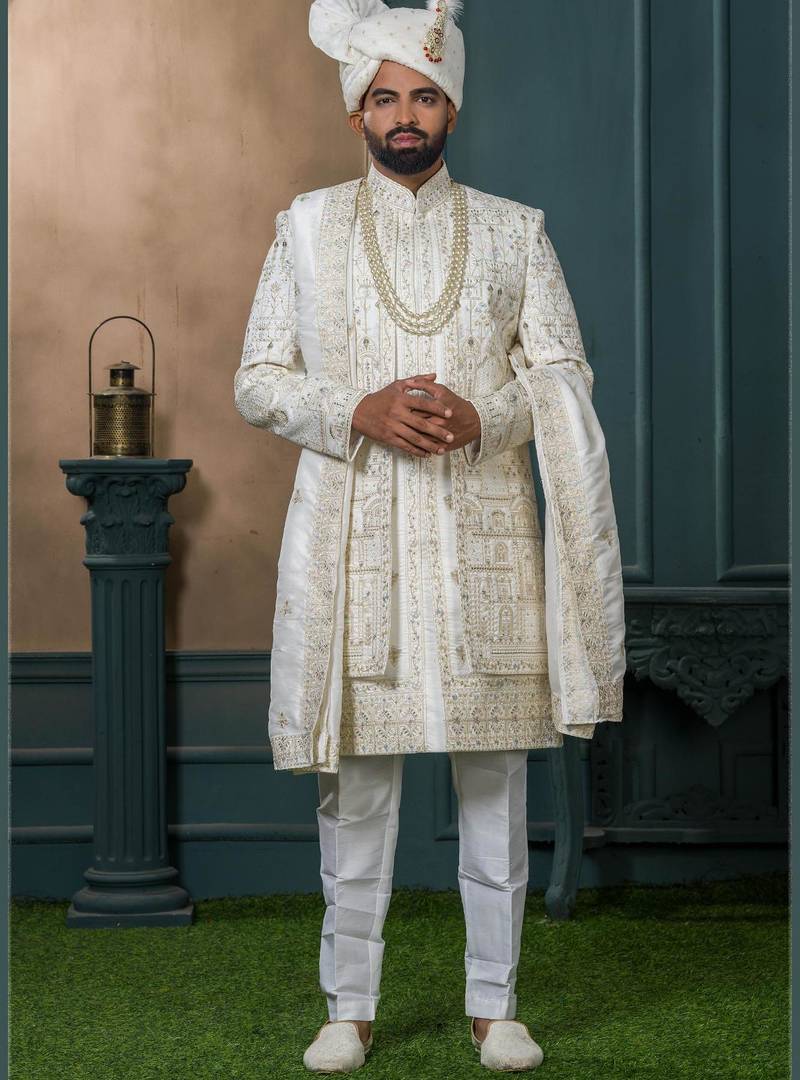 Off white silk embroidered sherwani for mens
