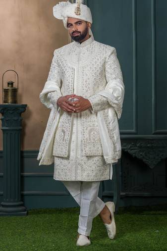 Off white silk embroidered sherwani for mens