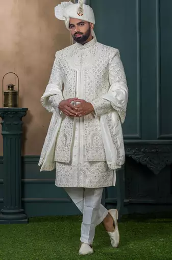Off white silk embroidered sherwani for mens