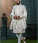 Off white silk embroidered sherwani for mens
