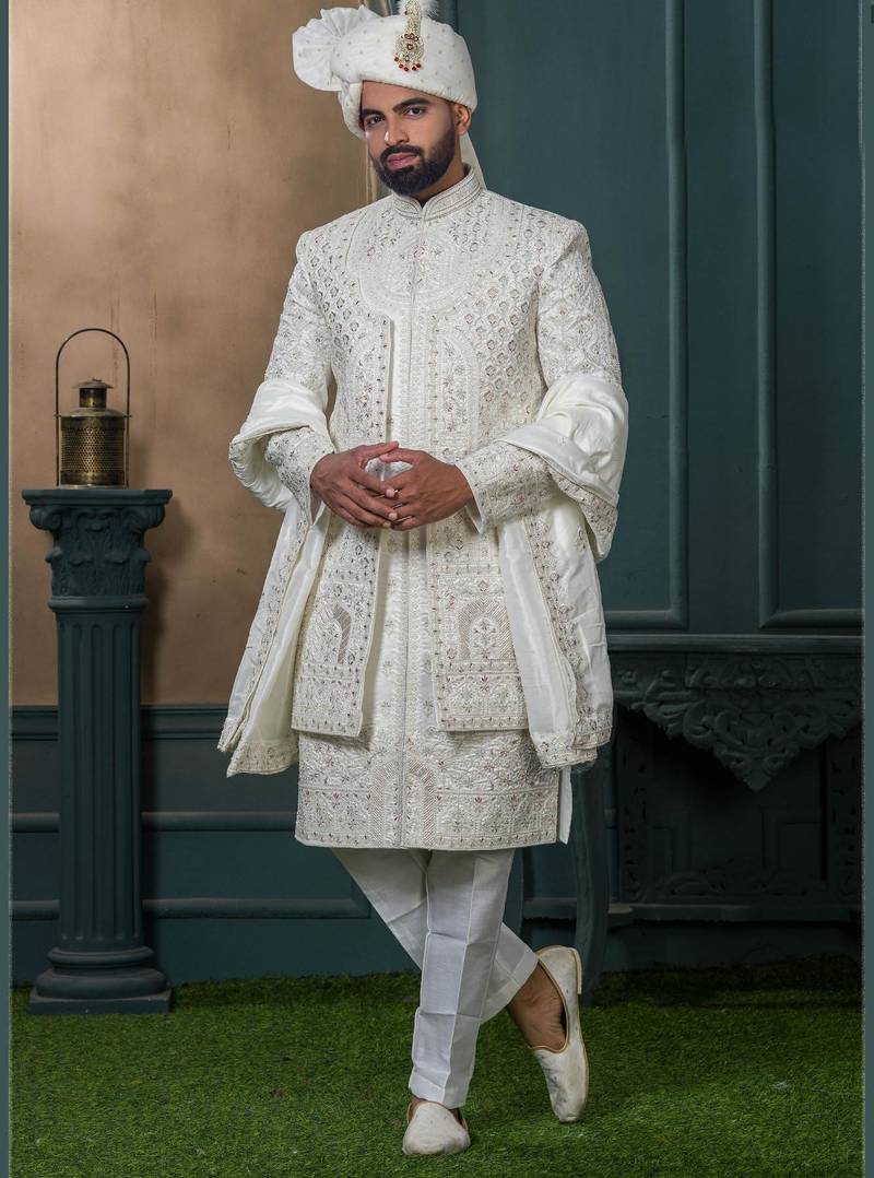Off white silk embroidered sherwani for mens