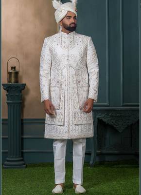 Off white silk embroidered sherwani for mens 1