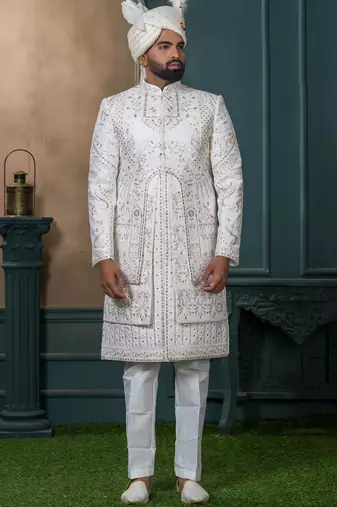 Off white silk embroidered sherwani for mens