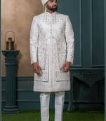 Off white silk embroidered sherwani for mens