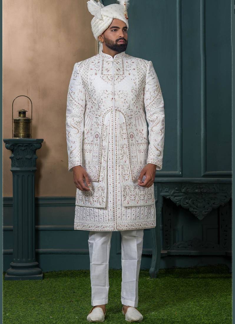 Off white silk embroidered sherwani for mens