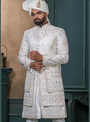 Off white silk embroidered sherwani for mens 2