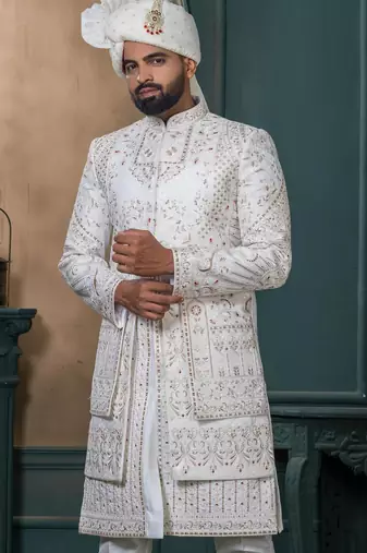 Off white silk embroidered sherwani for mens