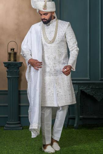 Off white silk embroidered sherwani for mens