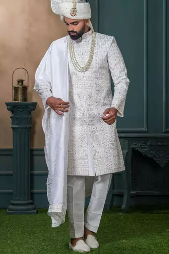 Off white silk embroidered sherwani for mens