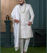 Off white silk embroidered sherwani for mens