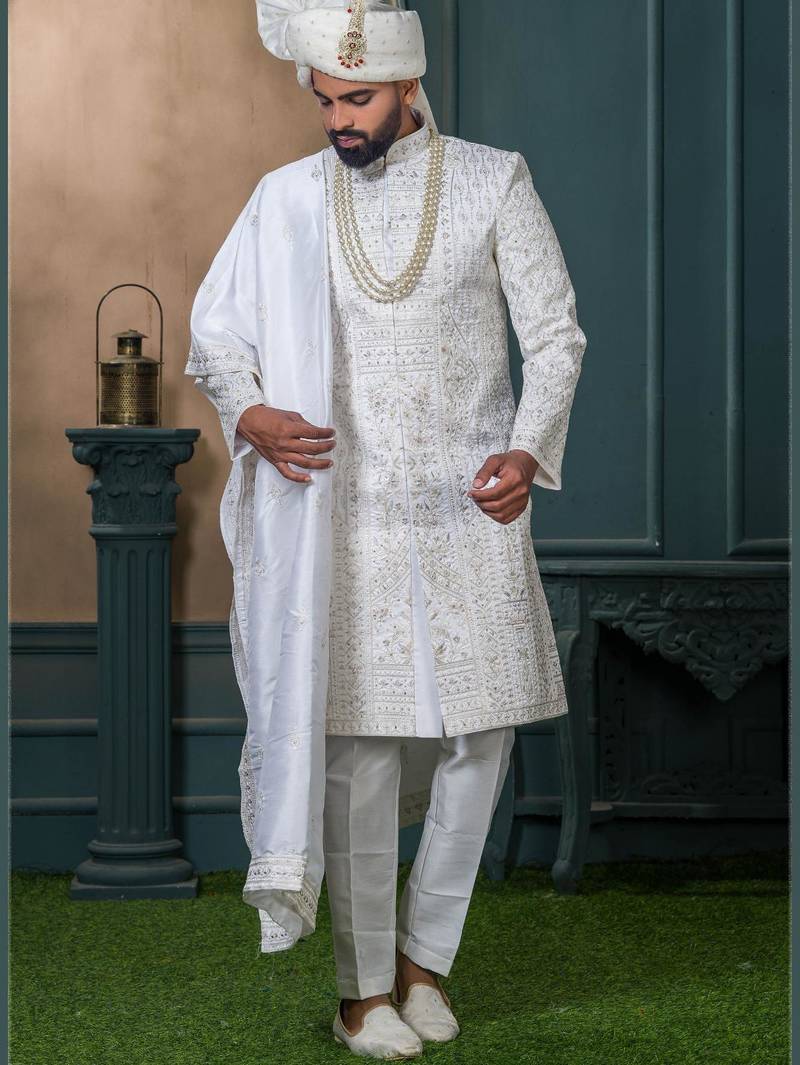 Off white silk embroidered sherwani for mens