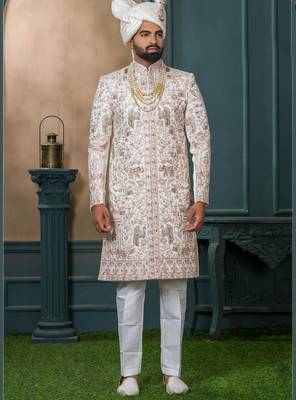 Cream silk embroidered sherwani for mens 1