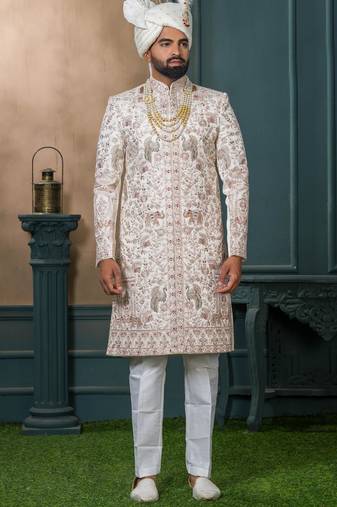 Cream silk embroidered sherwani for mens