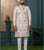 Cream silk embroidered sherwani for mens