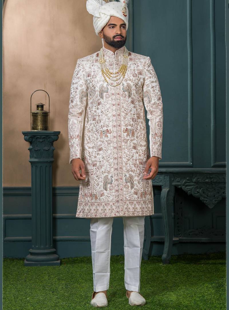 Cream silk embroidered sherwani for mens