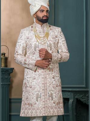Cream silk embroidered sherwani for mens 2