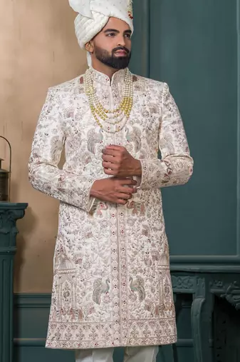 Cream silk embroidered sherwani for mens