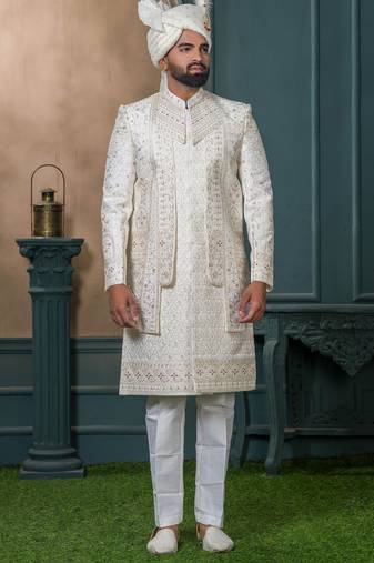 Cream silk embroidered sherwani for mens