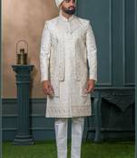 Cream silk embroidered sherwani for mens