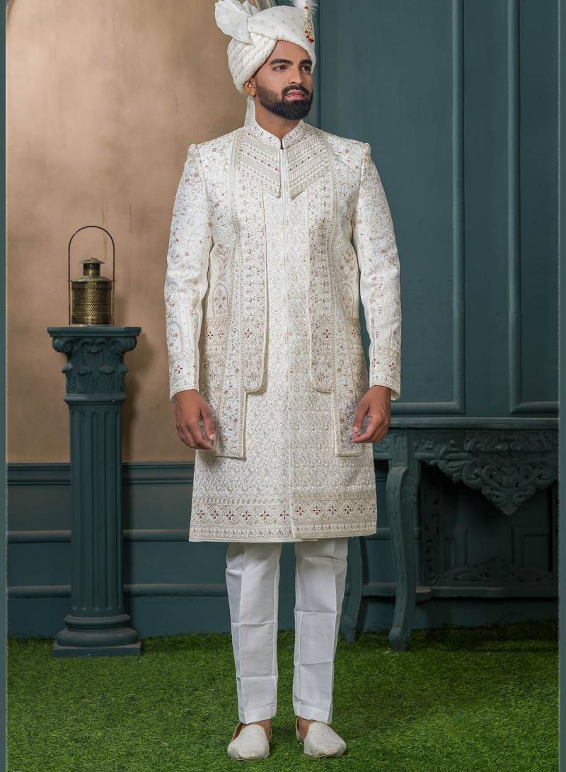 Cream silk embroidered sherwani for mens