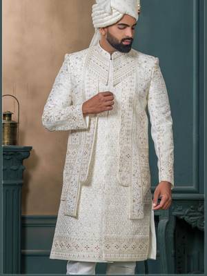 Cream silk embroidered sherwani for mens 2