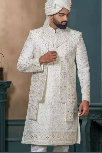 Cream silk embroidered sherwani for mens
