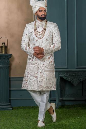 Off white silk embroidered sherwani for mens