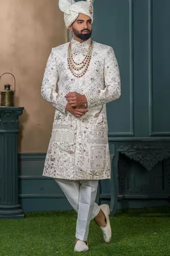 Off white silk embroidered sherwani for mens