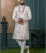 Off white silk embroidered sherwani for mens