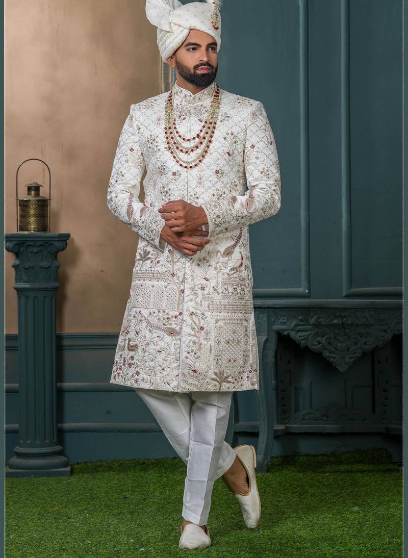 Off white silk embroidered sherwani for mens